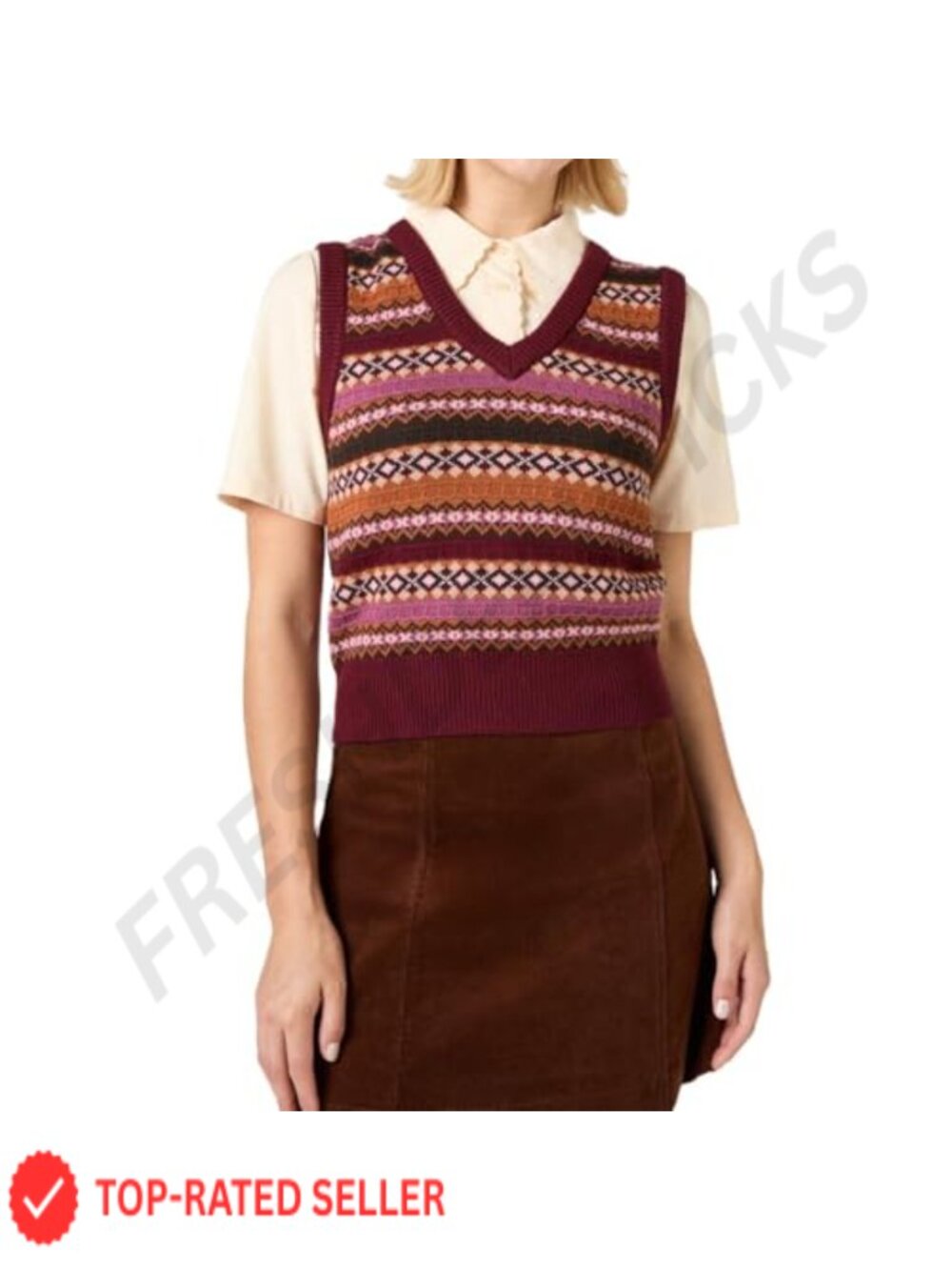 Vintage Knit Crop Sweater Vest Sleeveless V-Neck Argyle Plaid Slim Fit Preppy